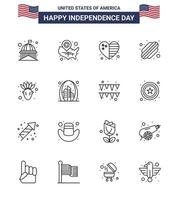 paquete de iconos de vector de stock de día americano 16 signos y símbolos de línea para hotdog americano wisconsin bandera americana elementos de diseño de vector de día de estados unidos editables