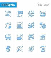 16 Blue Set of corona virus epidemic icons such as attack hospital virus car microorganism viral coronavirus 2019nov disease Vector Design Elements