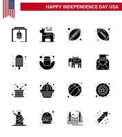 feliz día de la independencia paquete de iconos de 16 glifos sólidos para web y sombrero de impresión helado de bola americana elementos de diseño vectorial editables del día de EE. UU. vector