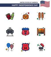 Happy Independence Day 4th July Set of 9 Flat Filled Lines American Pictograph of bar usa food shield holiday Editable USA Day Vector Design Elements