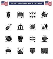 Group of 16 Solid Glyphs Set for Independence day of United States of America such as guiter map entrance location party Editable USA Day Vector Design Elements