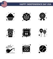 Group of 9 Solid Glyphs Set for Independence day of United States of America such as american shield independece security cola Editable USA Day Vector Design Elements