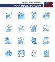 USA Independence Day Blue Set of 16 USA Pictograms of achievement city st building shoot Editable USA Day Vector Design Elements