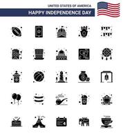 Group of 25 Solid Glyph Set for Independence day of United States of America such as american day fries building french fries white Editable USA Day Vector Design Elements