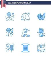 Modern Set of 9 Blues and symbols on USA Independence Day such as sports hockey bottle american bloons Editable USA Day Vector Design Elements