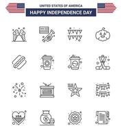 Happy Independence Day 4th July Set of 16 Lines American Pictograph of states american festival america american Editable USA Day Vector Design Elements