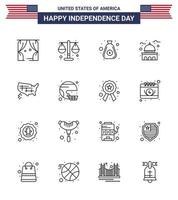 USA Happy Independence DayPictogram Set of 16 Simple Lines of map usa dollar landmark building Editable USA Day Vector Design Elements