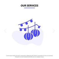 nuestros servicios decoración bolas linterna colgante icono de glifo sólido plantilla de tarjeta web vector