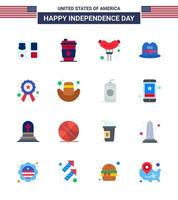 conjunto de 16 iconos del día de los ee.uu. símbolos americanos signos del día de la independencia para firmar la insignia de comida de la policía gorra elementos de diseño vectorial editables del día de los ee.uu. vector