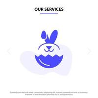 nuestros servicios huevo conejo pascua icono de glifo sólido plantilla de tarjeta web vector