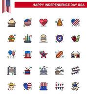 Group of 25 Flat Filled Lines Set for Independence day of United States of America such as flag cash heart bag dollar Editable USA Day Vector Design Elements