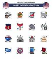 4th July USA Happy Independence Day Icon Symbols Group of 16 Modern Flat Filled Lines of security usa can sheild receipt Editable USA Day Vector Design Elements