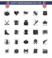 Set of 25 Modern Solid Glyph pack on USA Independence Day security shield map american hotdog Editable USA Day Vector Design Elements