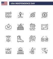 Modern Set of 16 Lines and symbols on USA Independence Day such as american sign sport dollar usa Editable USA Day Vector Design Elements