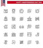 paquete de iconos de vector de stock de día americano 25 signos y símbolos de línea para comida de calabaza fútbol delicioso donut elementos de diseño de vector de día de estados unidos editables