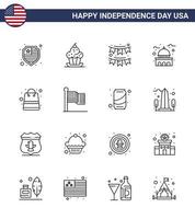 Set of 16 USA Day Icons American Symbols Independence Day Signs for white landmark american house garland Editable USA Day Vector Design Elements