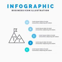 éxito logro bandera objetivo misión montaña pico línea icono con 5 pasos presentación infografía fondo vector