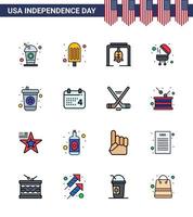 Happy Independence Day USA Pack of 16 Creative Flat Filled Lines of calender drink bell beverage bbq Editable USA Day Vector Design Elements