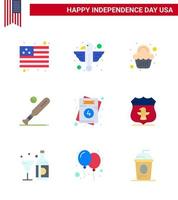 Group of 9 Flats Set for Independence day of United States of America such as invitation sports cake bat ball Editable USA Day Vector Design Elements