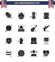 conjunto de 16 paquetes de glifos sólidos modernos en el día de la independencia de EE. UU., béisbol, premio de EE. UU., día de los presidentes, elementos de diseño vectorial editables del día de EE. UU. vector