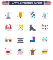 conjunto de 16 iconos del día de los ee.uu. símbolos americanos signos del día de la independencia para la celebración de la soda de la puerta botella de bebida editable elementos de diseño del vector del día de los ee.uu.