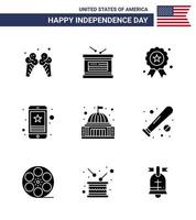 USA Happy Independence DayPictogram Set of 9 Simple Solid Glyphs of place mobile holiday smart phone cell Editable USA Day Vector Design Elements