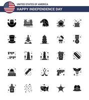 Happy Independence Day USA Pack of 25 Creative Solid Glyph of drum rail usa mine usa Editable USA Day Vector Design Elements