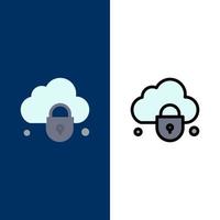 Internet Cloud Lock Security  Icons Flat and Line Filled Icon Set Vector Blue Background