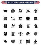 feliz día de la independencia 25 paquete de iconos de glifos sólidos para web e imprimir insignia de estrella de EE. UU. comida policial elementos de diseño de vector de día de EE. UU. editables