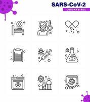 Covid19 icon set for infographic 9 Line pack such as vaccine flu drugs list check list viral coronavirus 2019nov disease Vector Design Elements