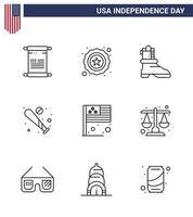 Happy Independence Day 4th July Set of 9 Lines American Pictograph of flag day boot usa bat Editable USA Day Vector Design Elements