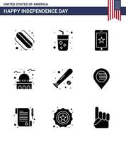 9 signos de glifo sólido de estados unidos celebración del día de la independencia símbolos de béisbol teléfono blanco casa de estados unidos elementos de diseño de vector de día de estados unidos editables