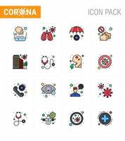 Coronavirus Precaution Tips icon for healthcare guidelines presentation 16 Flat Color Filled Line icon pack such as city touch insurance service shake hand no viral coronavirus 2019nov disease Ve vector