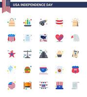 Set of 25 Vector Flats on 4th July USA Independence Day such as american handbag canon bag frankfurter Editable USA Day Vector Design Elements