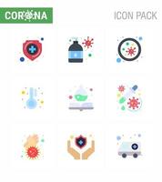 Coronavirus Precaution Tips icon for healthcare guidelines presentation 9 Flat Color icon pack such as handbook temperature bacterium medicine virus viral coronavirus 2019nov disease Vector Desi