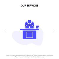 Our Services Desk Business Computer Laptop Person Personal User Solid Glyph Icon Web card Template vector