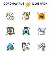 Paquete de iconos de corona de virus viral de color plano de 9 líneas rellenas, como pastillas, virus de la enfermedad, bacterias, medicina, coronavirus viral 2019nov, elementos de diseño de vectores de enfermedades