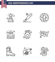 9 signos de línea de estados unidos celebración del día de la independencia símbolos de papas fritas espacio edificio de agujas americanas elementos de diseño de vector de día de estados unidos editables