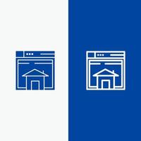 casa vender página de diseño web línea de sitio web y glifo icono sólido banner azul línea y glifo icono sólido banner azul vector