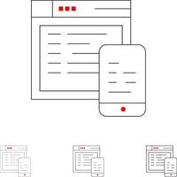 sitio web de diseño receptivo conjunto de iconos de línea negra en negrita y delgada móvil vector