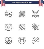 9 iconos creativos de ee.uu. signos de independencia modernos y símbolos del 4 de julio de los estados americano hielo deporte escala justicia editable día de ee.uu. elementos de diseño vectorial vector