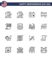 Modern Set of 16 Lines and symbols on USA Independence Day such as security sign garland shield international Editable USA Day Vector Design Elements