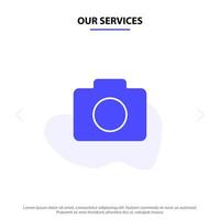 nuestros servicios imagen de cámara de instagram icono de glifo sólido plantilla de tarjeta web vector