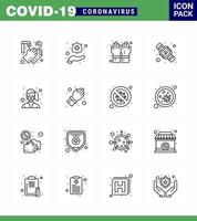 Paquete de iconos de coronavirus covid19 de 16 líneas, como protección facial, lavado de manos, segundos, coronavirus viral 2019nov, elementos de diseño de vectores de enfermedades