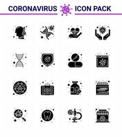 coronavirus 16 conjunto de iconos negros de glifo sólido sobre el tema de la epidemia de corona contiene iconos como el escudo del virus del adn del genoma coronavirus viral médico 2019nov elementos de diseño del vector de la enfermedad