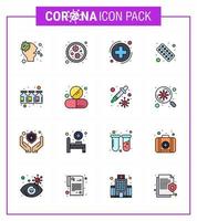 Conjunto de 16 líneas llenas de color plano de iconos epidémicos del virus de la corona, como medicina de botella, salud, salud, fitness, coronavirus viral 2019nov, elementos de diseño de vectores de enfermedades