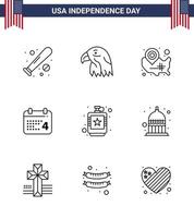 Line Pack of 9 USA Independence Day Symbols of american day usa calender wisconsin Editable USA Day Vector Design Elements