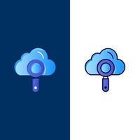 búsqueda de computación en la nube encontrar iconos planos y llenos de línea conjunto de iconos vector fondo azul