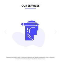 nuestros servicios cabeza mente pensando escribir icono de glifo sólido plantilla de tarjeta web vector