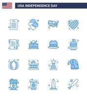 conjunto de 16 iconos del día de estados unidos símbolos americanos signos del día de la independencia para recibo de tambor corazón de papel de acción de gracias elementos de diseño de vector de día de estados unidos editables